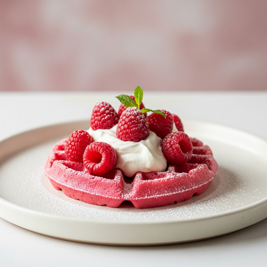 An elegant pink waffle with fresh berries and cream