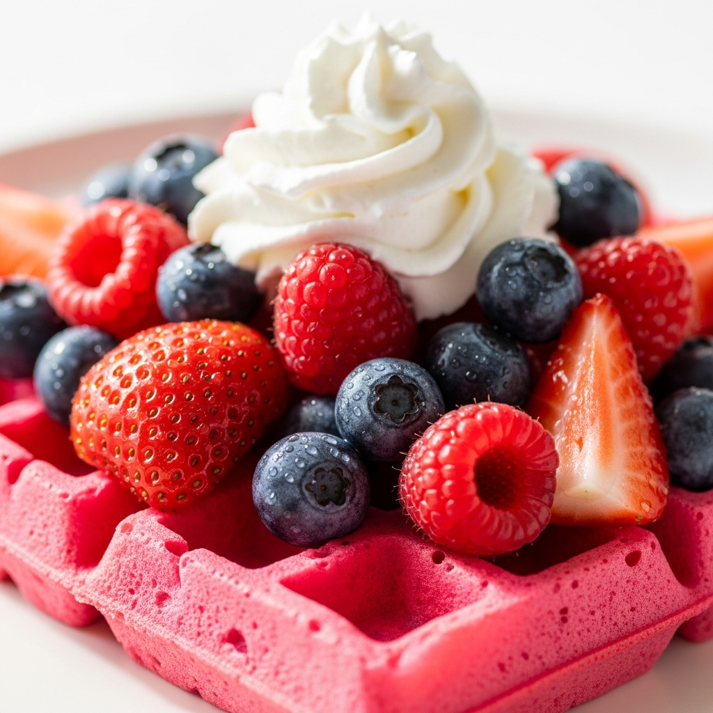 A fresh Pink Waffle with berries and cream